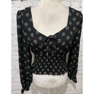 Maison Jules Black & White Geometric Print Smocked Top Size Medium